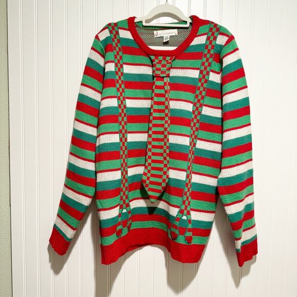 Jolly Sweaters Red Green Tie Suspenders Christmas Sweater Mens Large - Picture 1 of 6